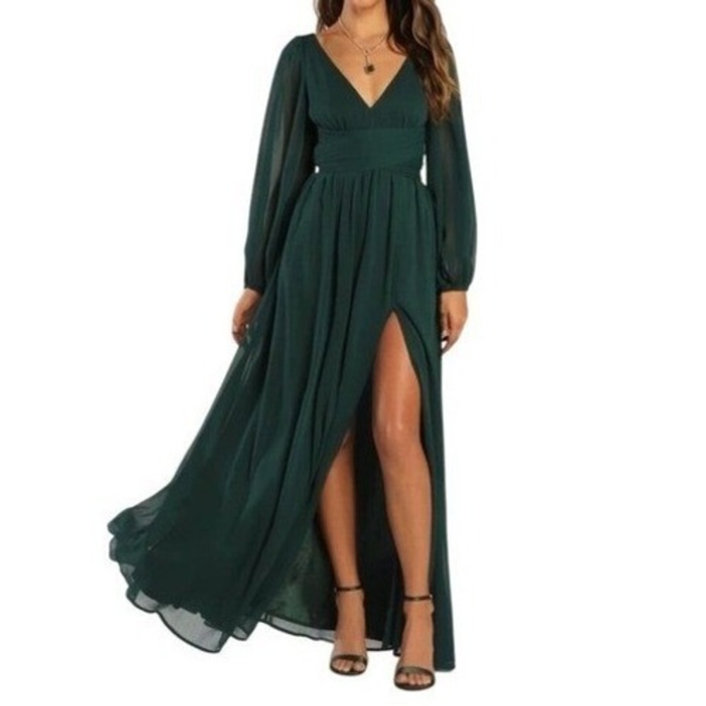 NEW Lulus Enchant My Love Emerald Green‎ V-Neck Long Sleeve Maxi Dress, Size S